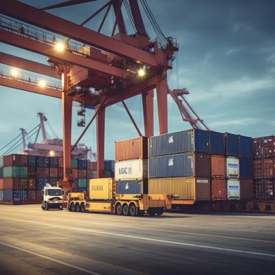 Logistics and transportation of Container Cargo ship and Cargo plane with working crane bridge in shipyard at sunrise, logistic import export and transport industry background.