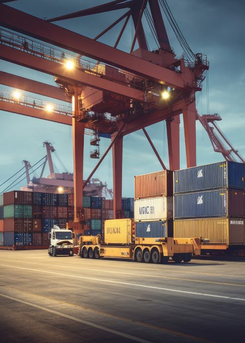 Logistics and transportation of Container Cargo ship and Cargo plane with working crane bridge in shipyard at sunrise, logistic import export and transport industry background.